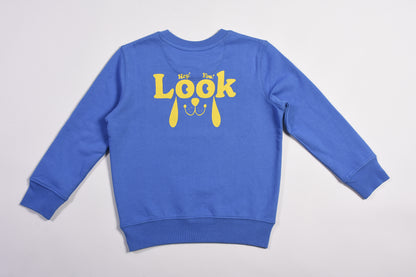Blue sweatshirt with yellow text on a light gray background