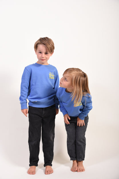 Two children wearing blue sweatshirts standing on a white background