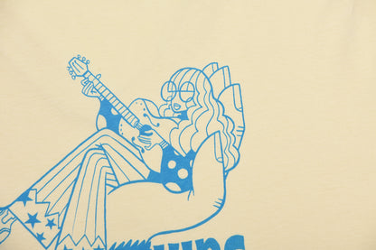 Blue line art of a person playing guitar on a beige background