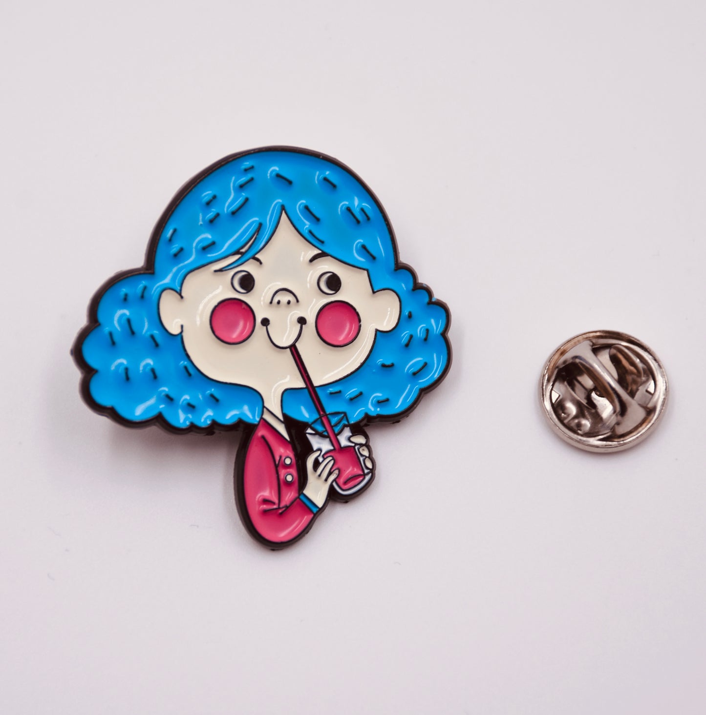 Illustration of a girl drinking lemonade pin red blue les on white background with silver pinstop