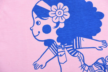 Cartoon character with blue hair and flower on pink background