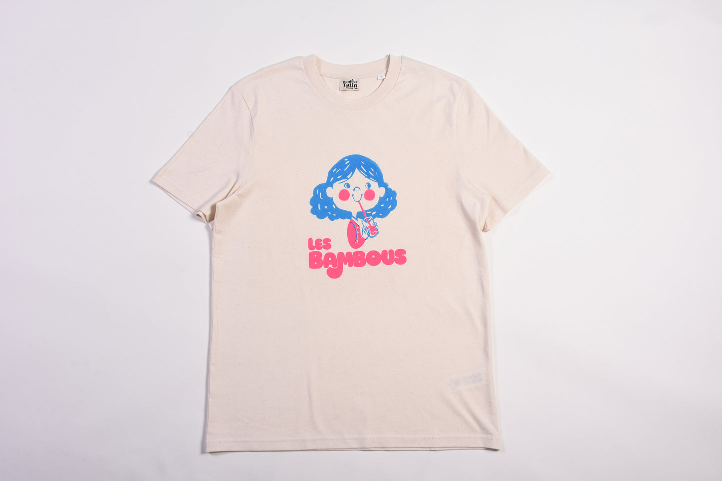 Beige t-shirt with a colorful graphic and text on a white background