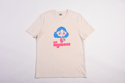 Beige t-shirt with a colorful graphic and text on a white background