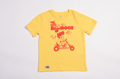 Yellow t-shirt with a cartoon character and text on a light gray background
